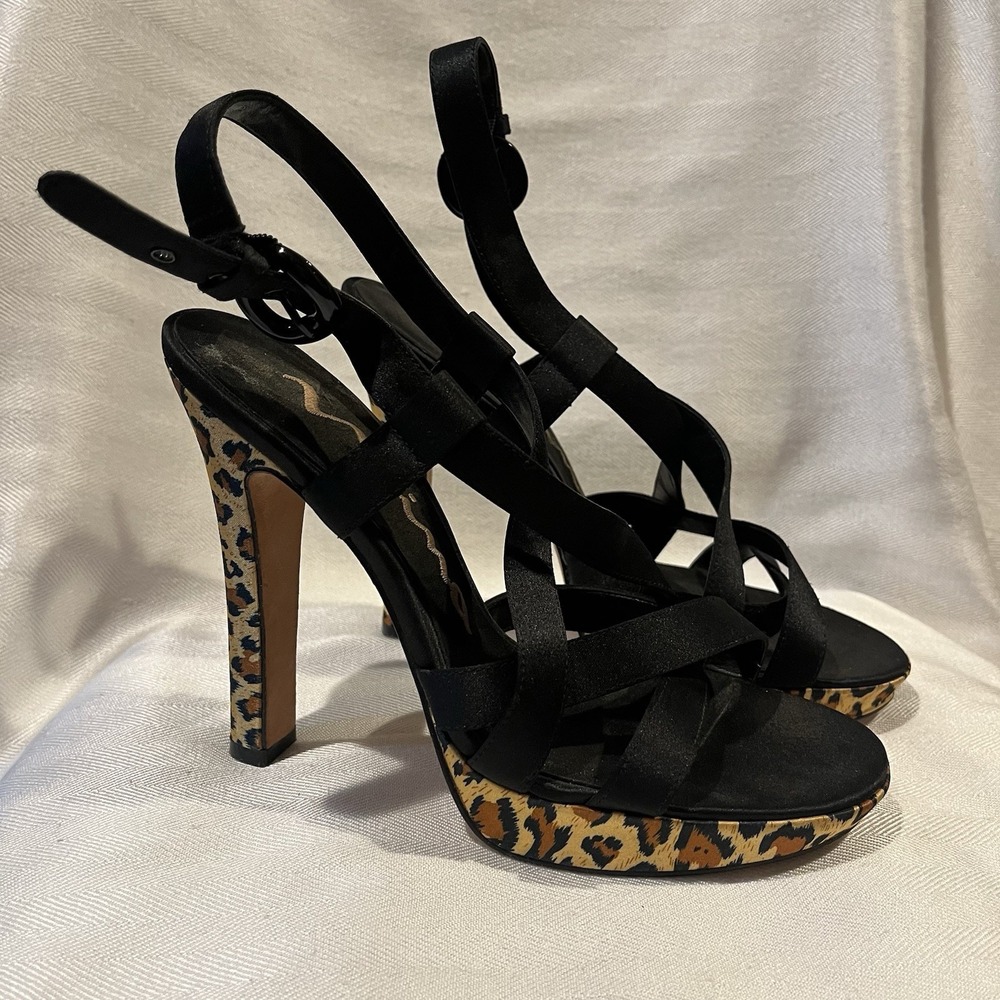Nina Black Satin Animal Print Platform High Heel Stiletto Sandals Size 7.5